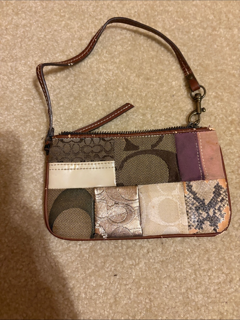 Coach Patchwork Wristlet in Brown, Cream and Purple Accents